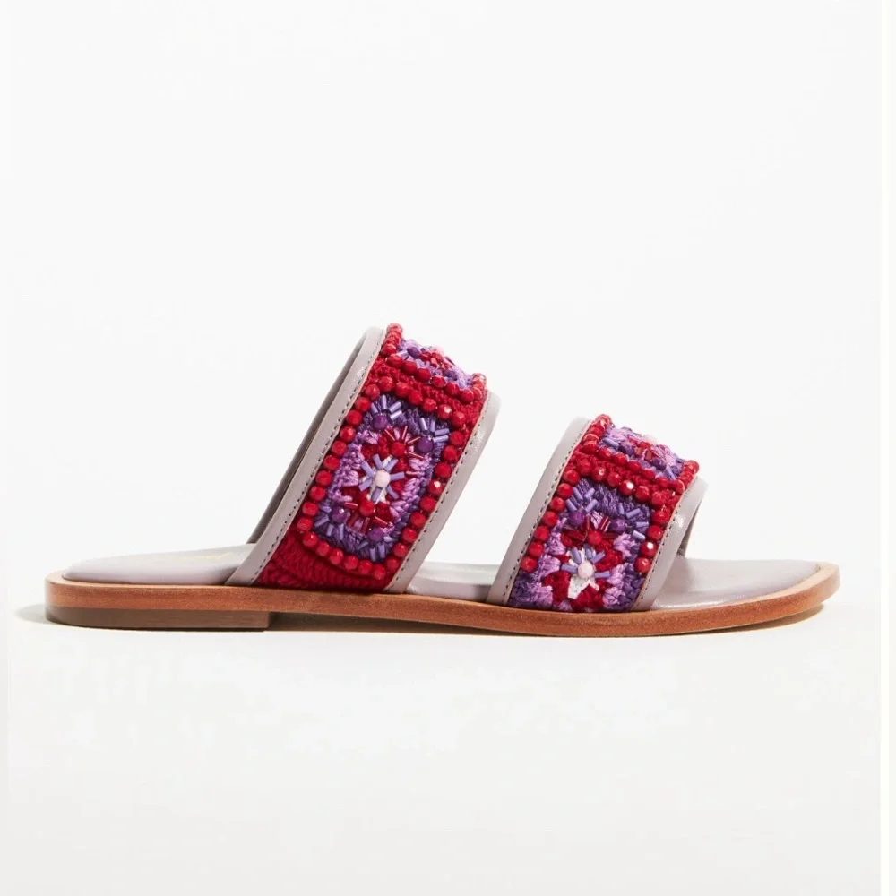 NIB Anthropologie Coral Blue Beaded Granny Sandals sz 37/6, 6.5 Red Purple Slide